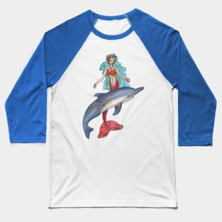 Mermaid Dolphin Woman Girl Female Swimming Ocean Animal Cetacean Aquatic Waves Red Blue Baseball T-Shirt